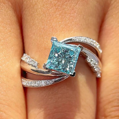 Jzora Handmade Mint Sky Blue Princess Cut Moissanite Twisted Wrap Pave Elegant Ring