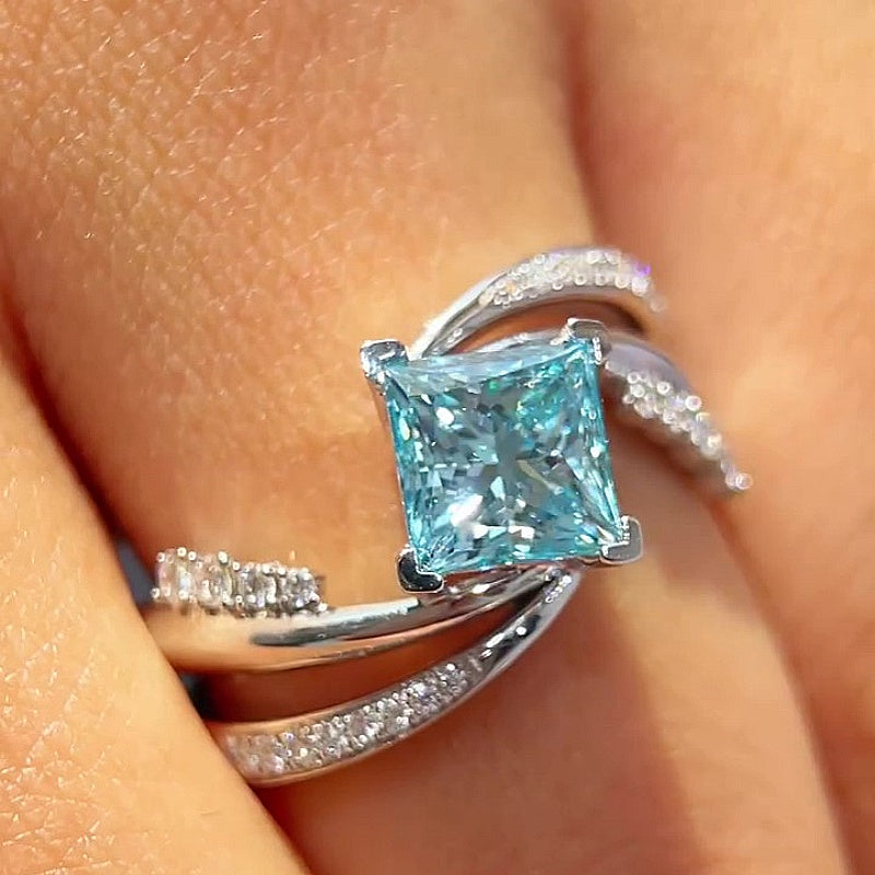 Jzora Handmade Mint Sky Blue Princess Cut Moissanite Twisted Wrap Pave Elegant Ring