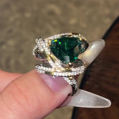 Jzora Handmade Trilliant Cut Vivid Emerald Green Double Halo Pave Ring