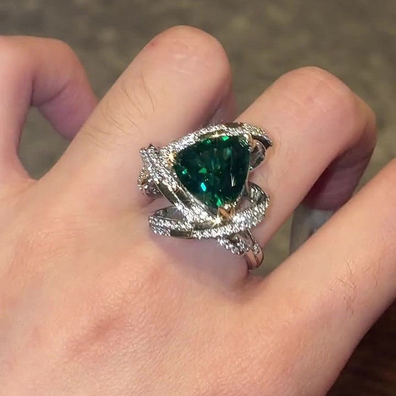 Jzora Handmade Trilliant Cut Vivid Emerald Green Double Halo Pave Ring