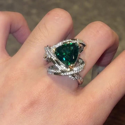 Jzora Handmade Trilliant Cut Vivid Emerald Green Double Halo Pave Ring