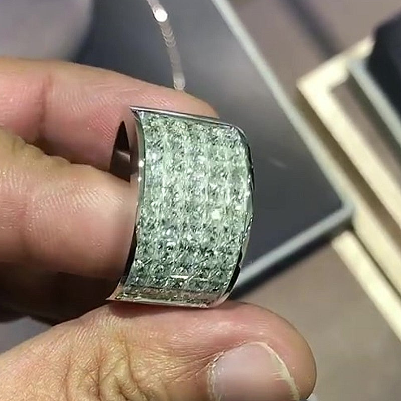 Jzora Handmade Iced‑Out Cubic Zirconia Bold Luxury Men’s Wide Band Statement Ring