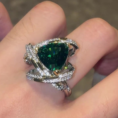 Jzora Handmade Trilliant Cut Vivid Emerald Green Double Halo Pave Ring
