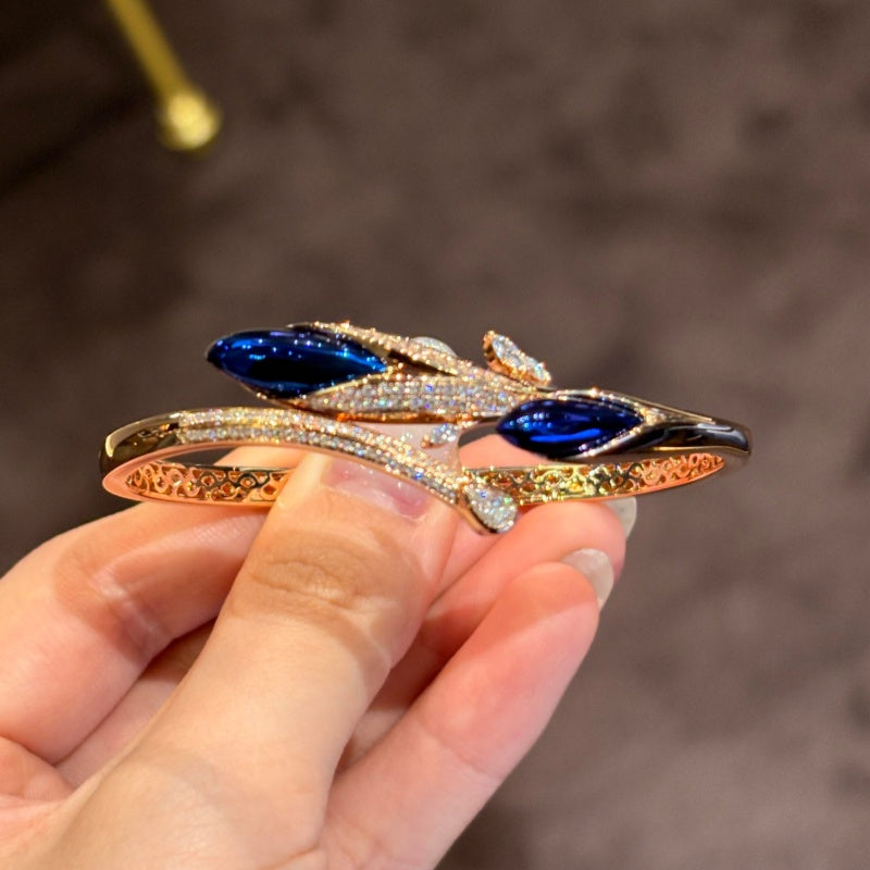 Jzora Handmade Marquise Cut Blue Zircon Leaf‑Vine Filigree Gold‑Tone Bangle Bracelet