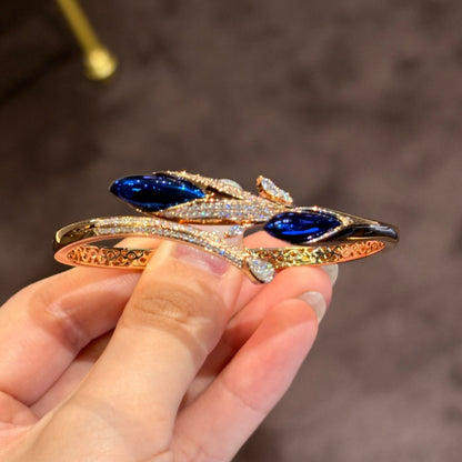 Jzora Handmade Marquise Cut Blue Zircon Leaf‑Vine Filigree Gold‑Tone Bangle Bracelet