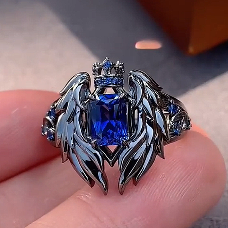 Jzora Handmade Radiant‑Cut Sapphire‑Blue Angel Wing Crown Knight Men’s Ring