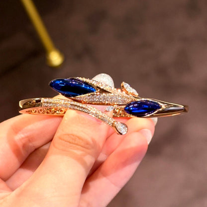 Jzora Handmade Marquise Cut Blue Zircon Leaf‑Vine Filigree Gold‑Tone Bangle Bracelet