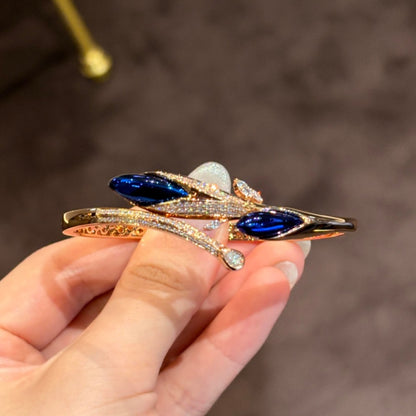 Jzora Handmade Marquise Cut Blue Zircon Leaf‑Vine Filigree Gold‑Tone Bangle Bracelet