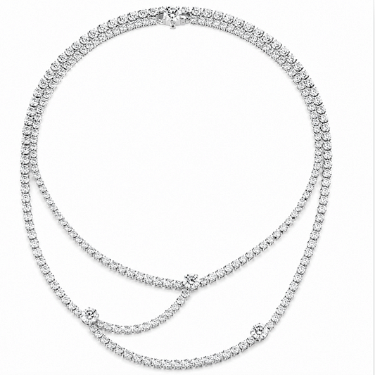 Jzora Handmade Elegant Double Layer Round CZ Tennis Lariat Women’s Statement Necklace