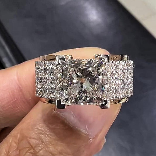 Jzora handmade 5ct princess cut moissanite men's wide band sterling silver ring