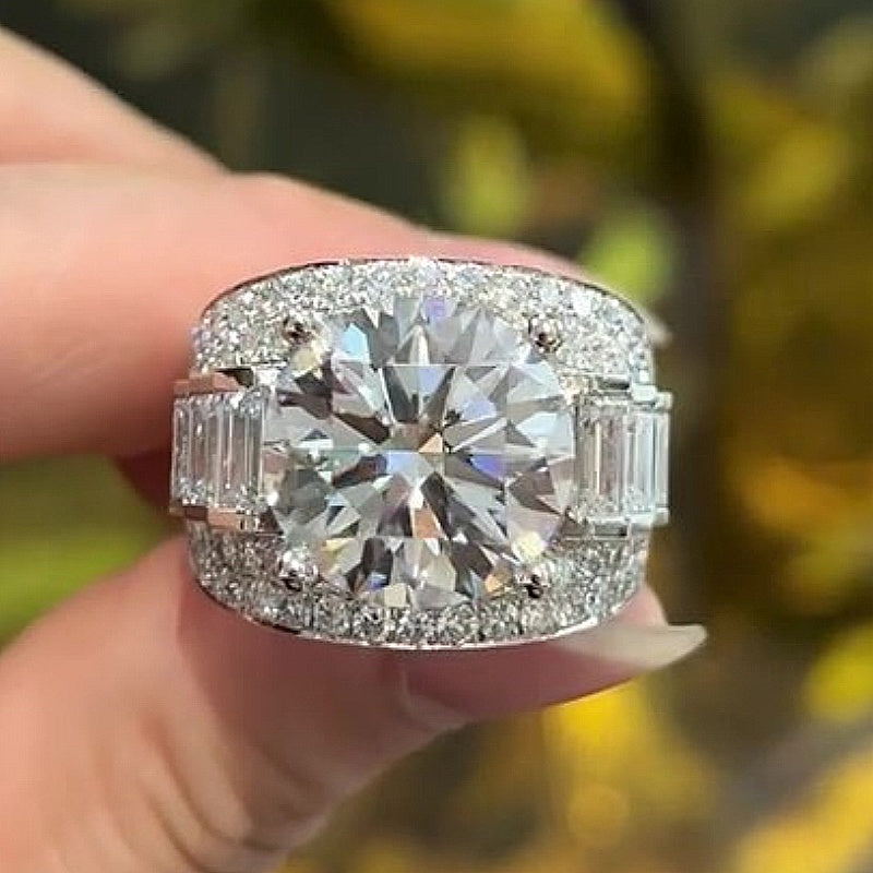 Jzora Handmade Bold Round & Baguette Cut CZ Halo Men’s Ring