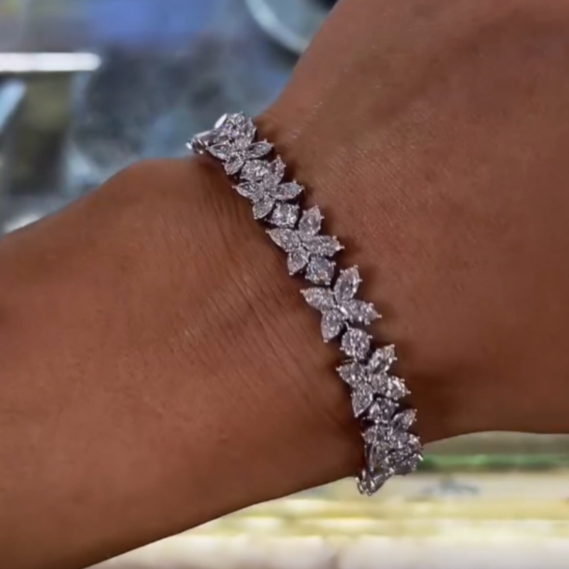Jzora Handmade Marquise‑Cut Petal Floral Link Pave CZ Sparkling Bracelet