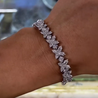 Jzora Handmade Marquise‑Cut Petal Floral Link Pave CZ Sparkling Bracelet
