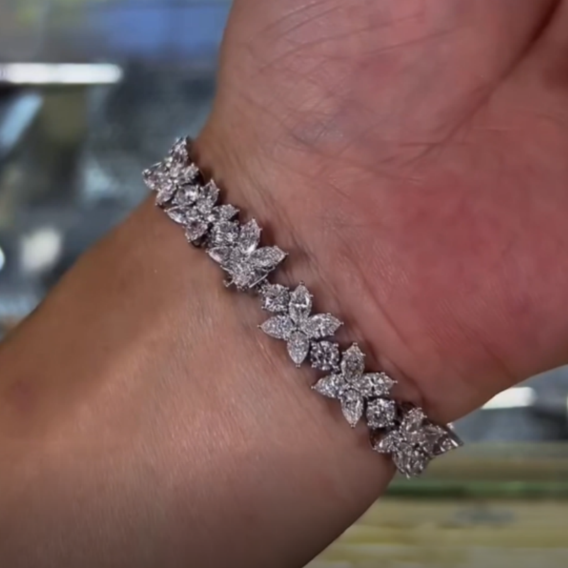 Jzora Handmade Marquise‑Cut Petal Floral Link Pave CZ Sparkling Bracelet