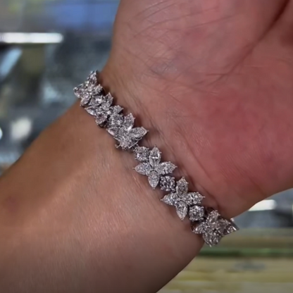 Jzora Handmade Marquise‑Cut Petal Floral Link Pave CZ Sparkling Bracelet