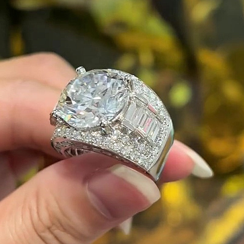 Jzora Handmade Bold Round & Baguette Cut CZ Halo Men’s Ring