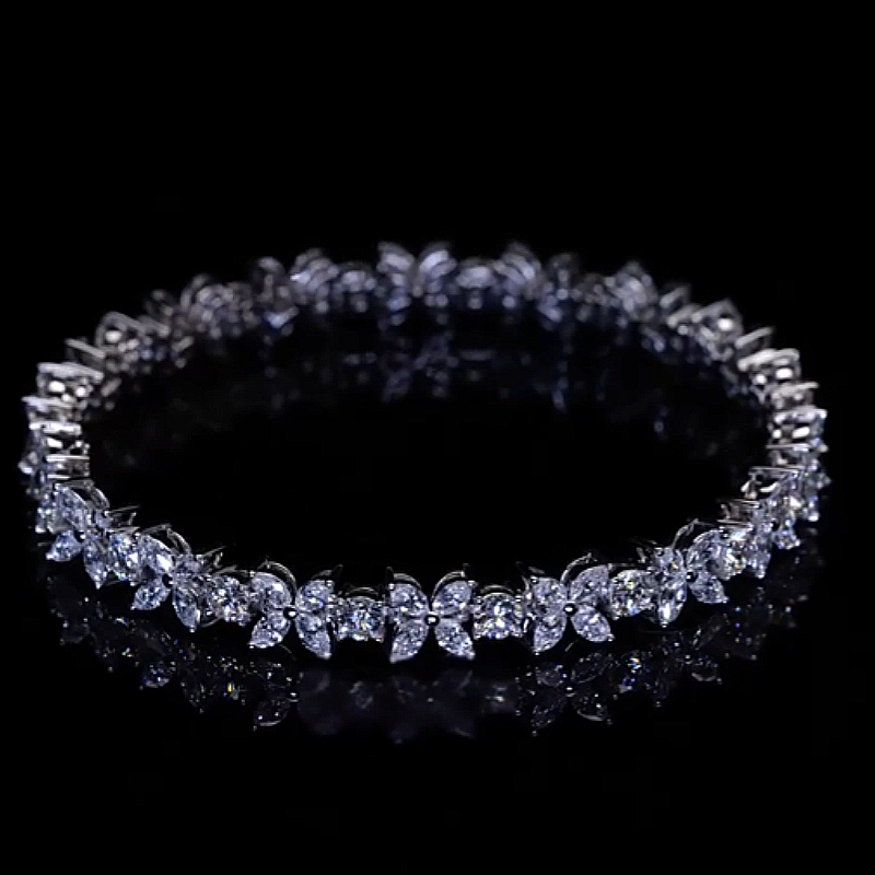 Jzora Handmade Marquise‑Cut Petal Floral Link Pave CZ Sparkling Bracelet