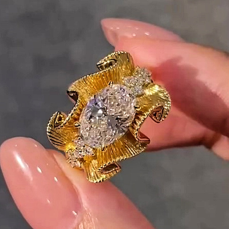 Jzora handmade gold 2ct radiant cut pleated sterling silver ring