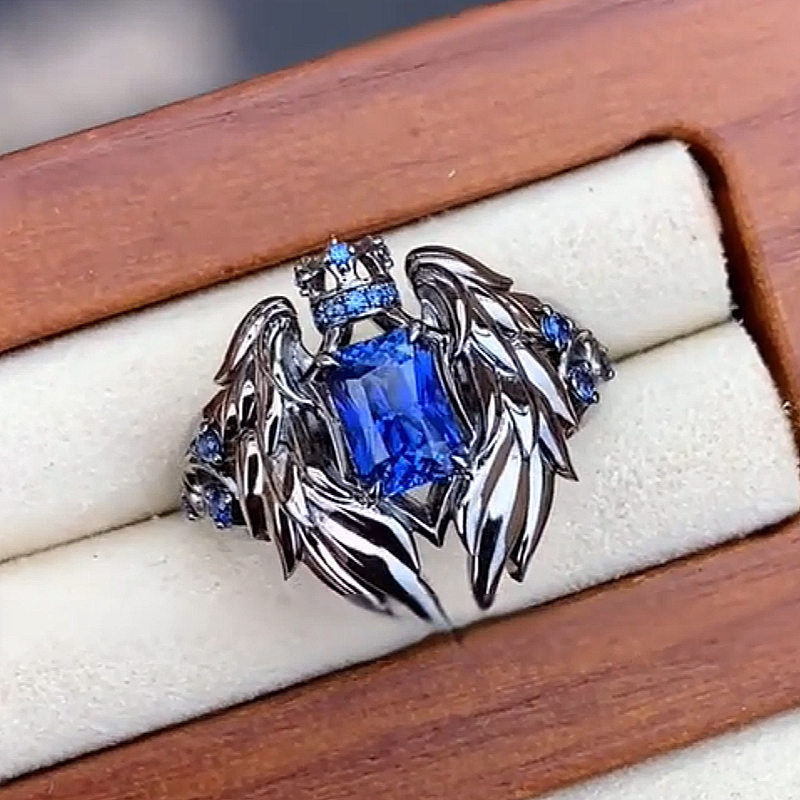 Jzora Handmade Radiant‑Cut Sapphire‑Blue Angel Wing Crown Knight Men’s Ring