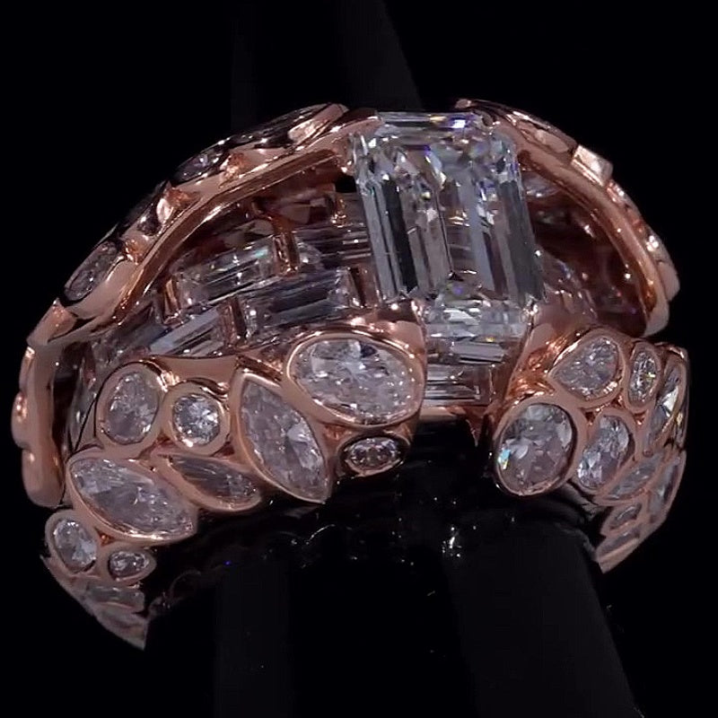 Jzora Handmade Stunning Emerald Cut 14K Rose Gold Plated Leaf Detail Men's Ring