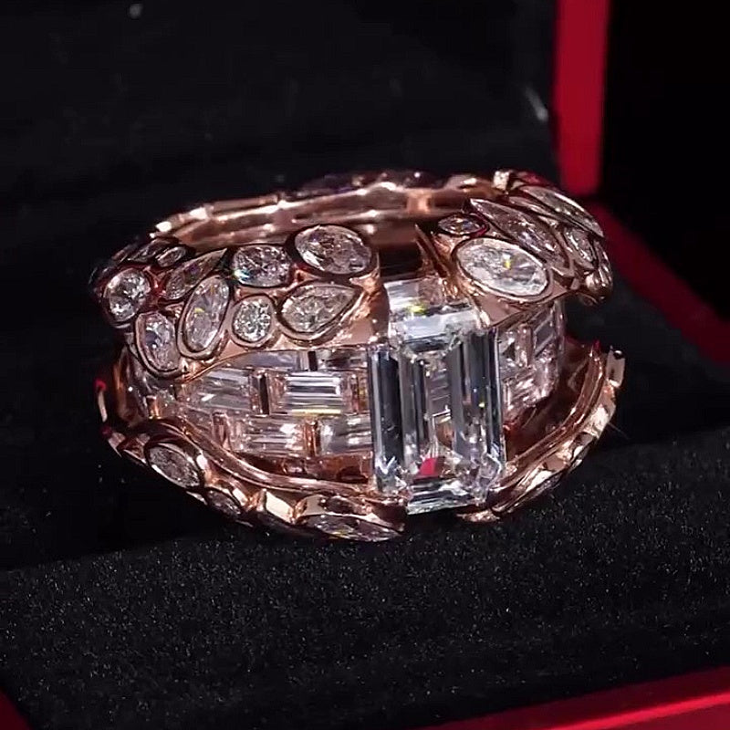 Jzora Handmade Stunning Emerald Cut 14K Rose Gold Plated Leaf Detail Men's Ring