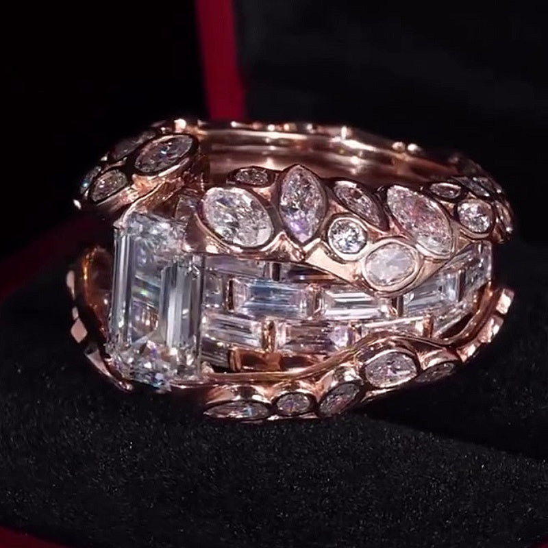 Jzora Handmade Stunning Emerald Cut 14K Rose Gold Plated Leaf Detail Men's Ring