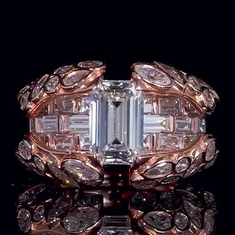 Jzora Handmade Stunning Emerald Cut 14K Rose Gold Plated Leaf Detail Men's Ring