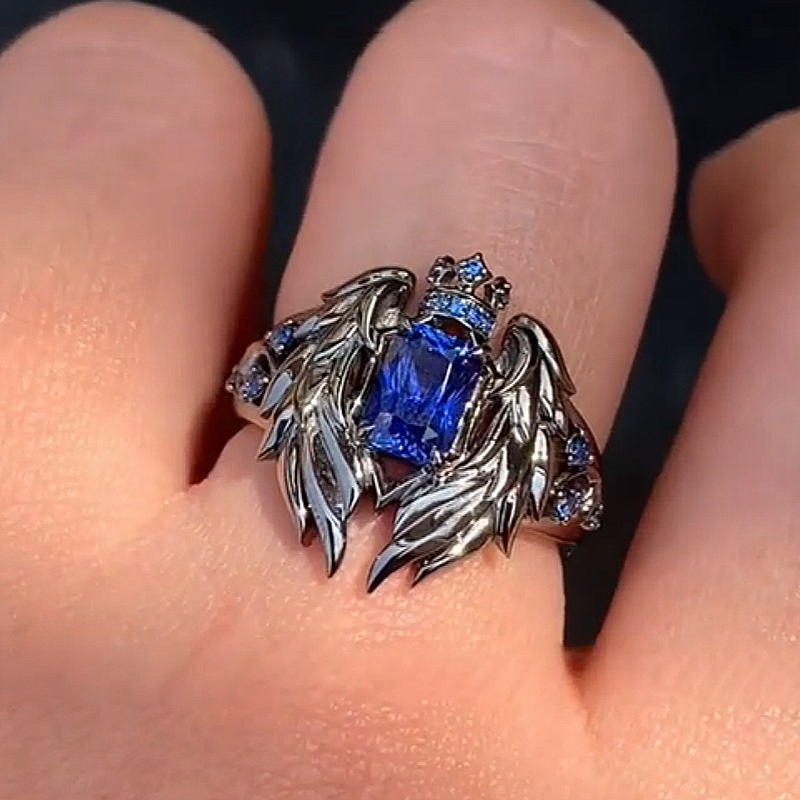 Jzora Handmade Radiant‑Cut Sapphire‑Blue Angel Wing Crown Knight Men’s Ring
