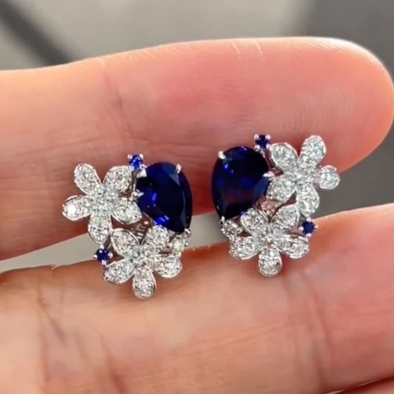 Jzora Handmade Vintage Royal Blue Pear Gemstone Blooming Flower Pave Sparkle Earrings