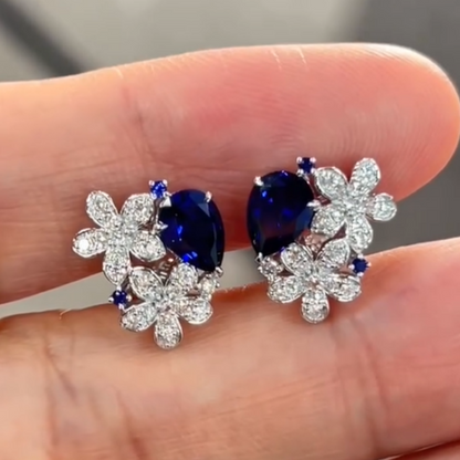 Jzora Handmade Vintage Royal Blue Pear Gemstone Blooming Flower Pave Sparkle Earrings