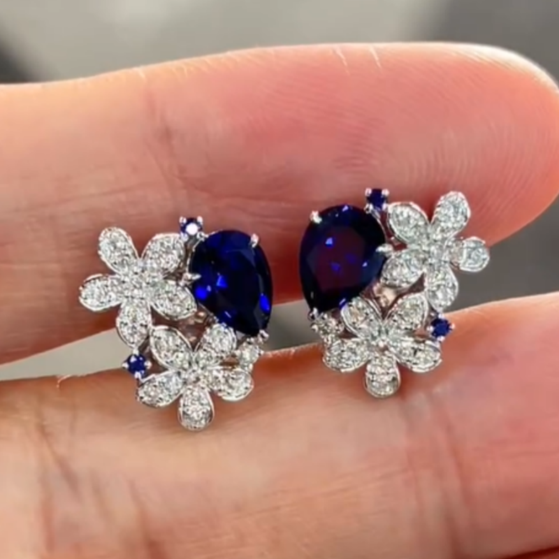 Jzora Handmade Vintage Royal Blue Pear Gemstone Blooming Flower Pave Sparkle Earrings