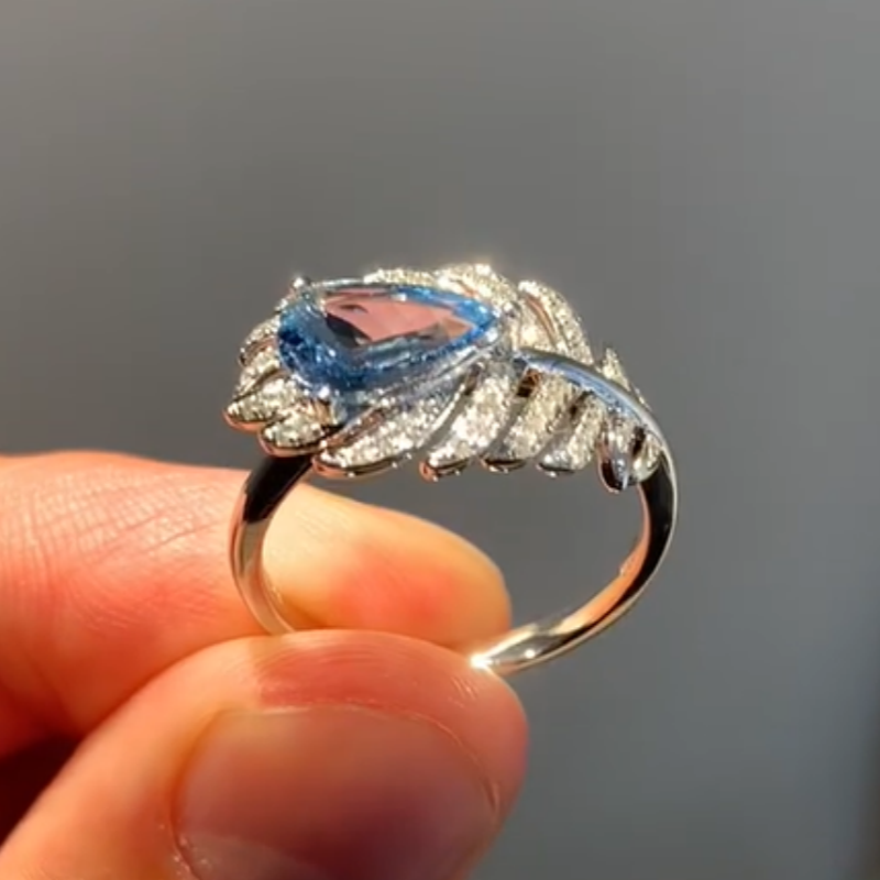 Jzora Handmade Elegant Feather‑Inspired Pear Cut L-Sapphire Blue Women’s Fashion Ring