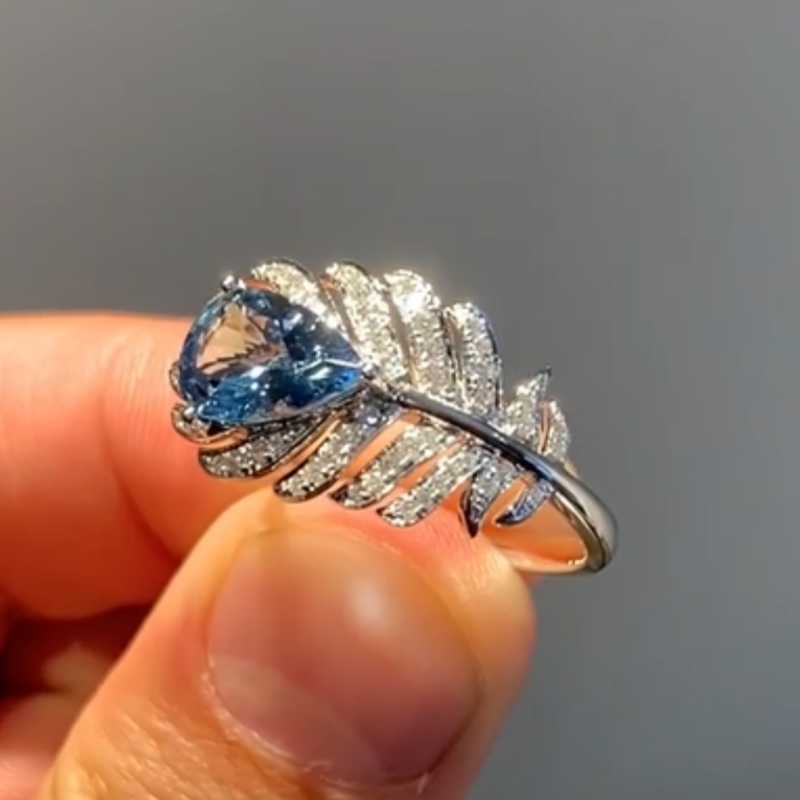Jzora Handmade Elegant Feather‑Inspired Pear Cut L-Sapphire Blue Women’s Fashion Ring
