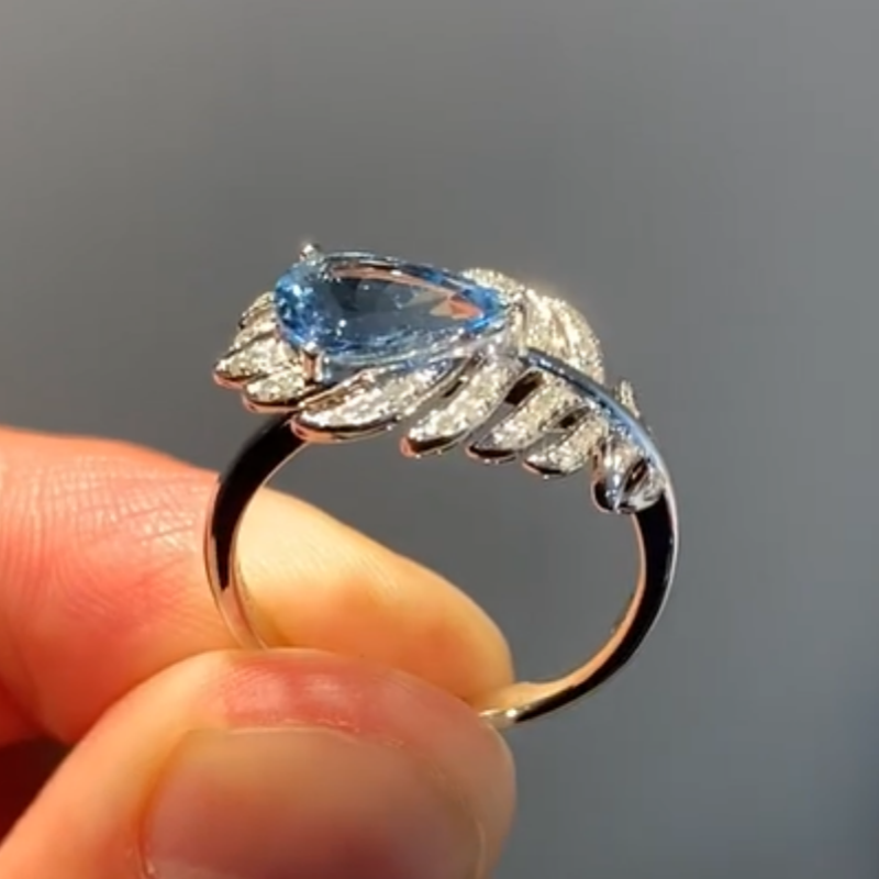 Jzora Handmade Elegant Feather‑Inspired Pear Cut L-Sapphire Blue Women’s Fashion Ring