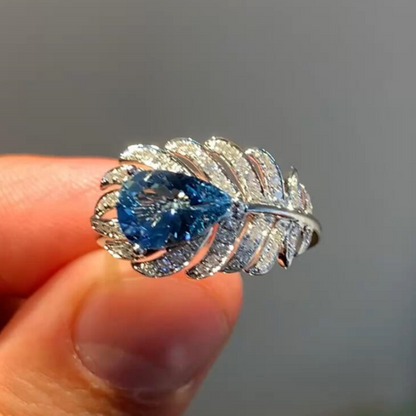 Jzora Handmade Elegant Feather‑Inspired Pear Cut L-Sapphire Blue Women’s Fashion Ring
