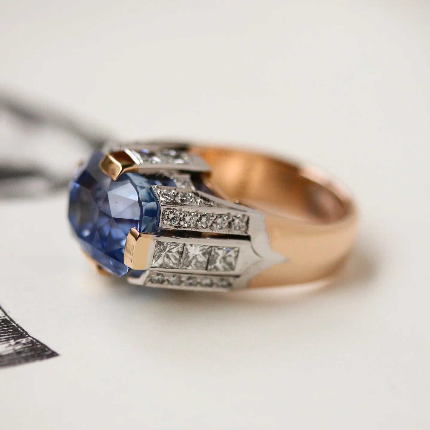Jzora Handmade Sapphire Cushion Cut Two-Tone Men's Ring
