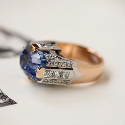 Jzora Handmade Sapphire Cushion Cut Two-Tone Men's Ring