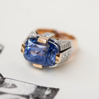 Jzora Handmade Sapphire Cushion Cut Two-Tone Men's Ring