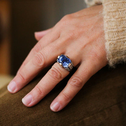 Jzora Handmade Sapphire Cushion Cut Two-Tone Men's Ring