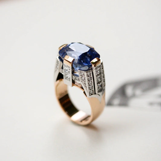 Jzora Handmade Sapphire Cushion Cut Two-Tone Men's Ring
