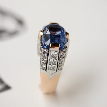 Jzora Handmade Sapphire Cushion Cut Two-Tone Men's Ring