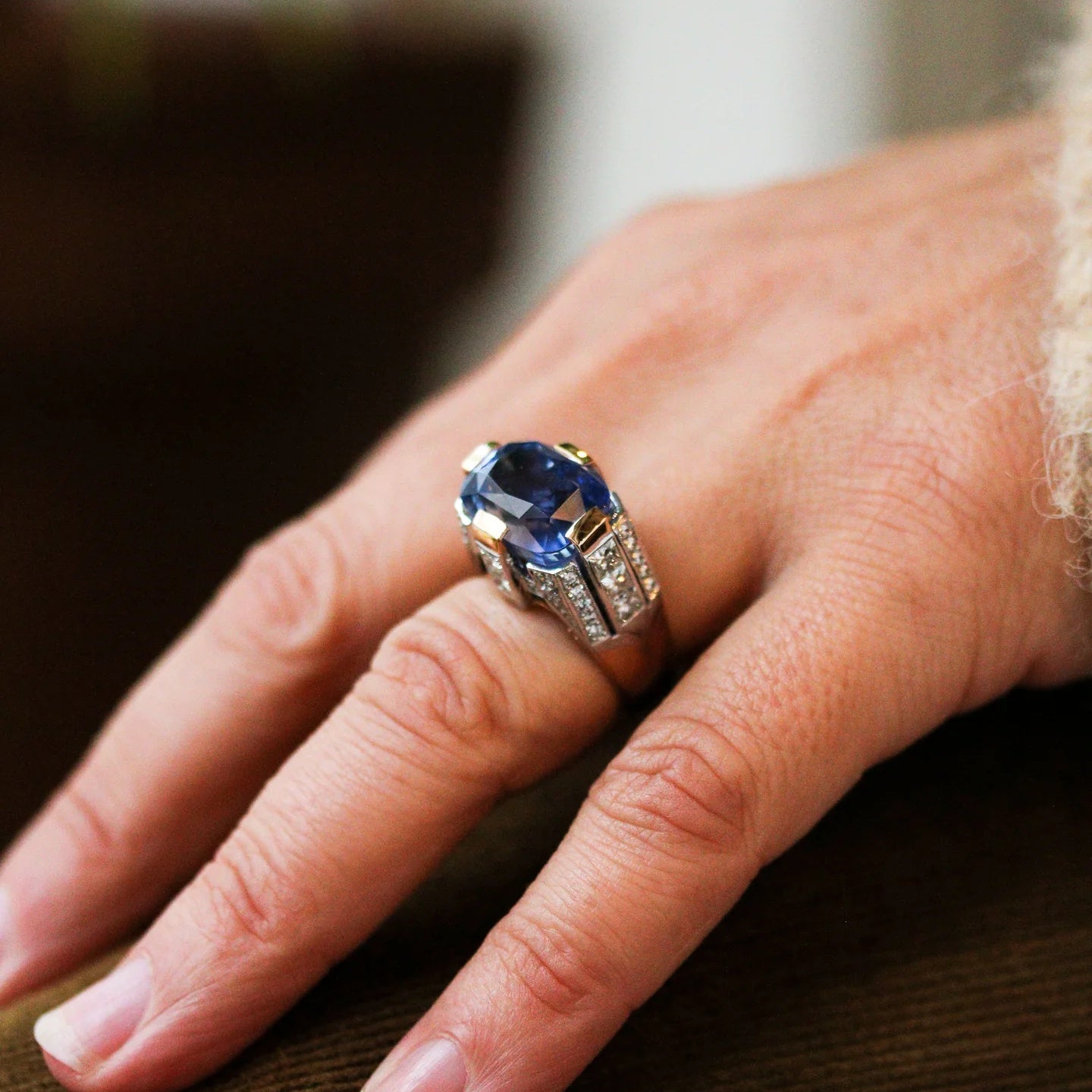Jzora Handmade Sapphire Cushion Cut Two-Tone Men's Ring