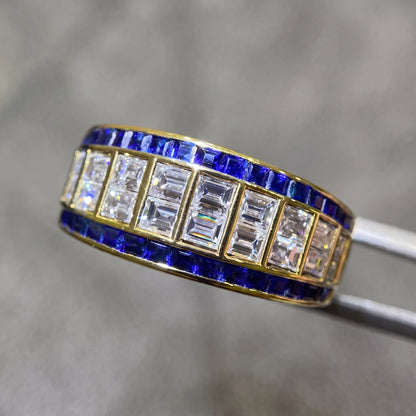 Jzora Handmade Emerald Cut Baguette Zircon Blue Sapphire Wide Band Men's Ring