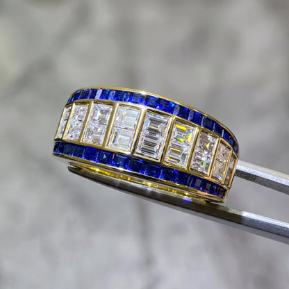 Jzora Handmade Emerald Cut Baguette Zircon Blue Sapphire Wide Band Men's Ring