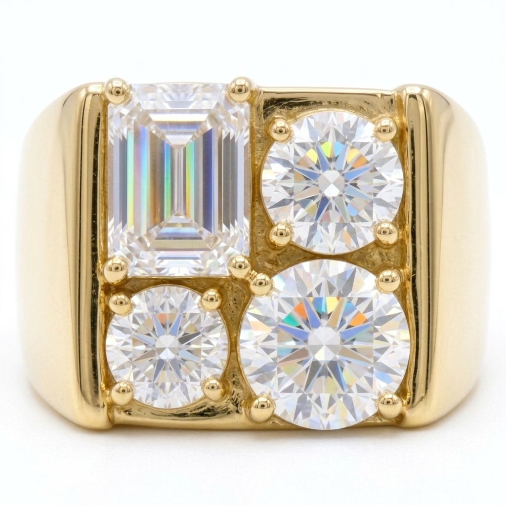 Jzora Handmade Vintage Round and Emerald Cut Men's Wide Band Ring