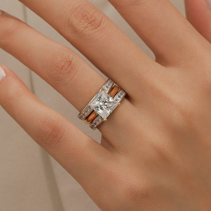 Jzora handmade princess cut two tone anniversary ring  wedding ring  silver bridal set