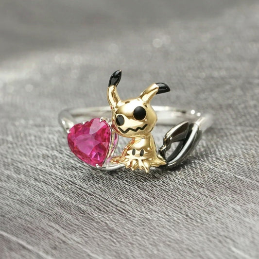 Jzora handmade peach pink heart fantasy creature ghost-inspired sterling silver ring