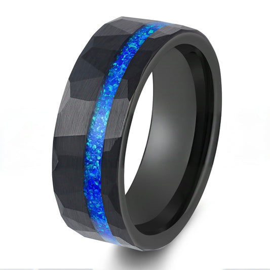 Jzora handmade 8mm black hammered tungsten blue opal inlay men’s ring