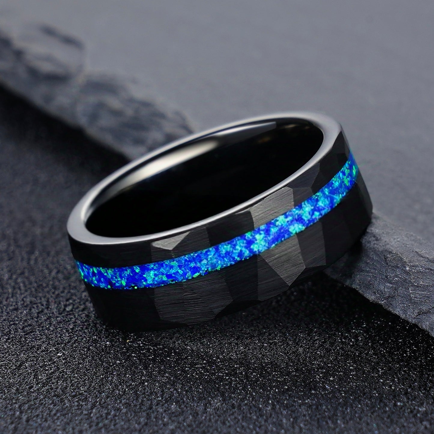 Jzora handmade 8mm black hammered tungsten blue opal inlay men’s ring