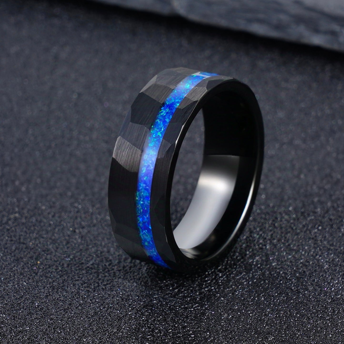 Jzora handmade 8mm black hammered tungsten blue opal inlay men’s ring